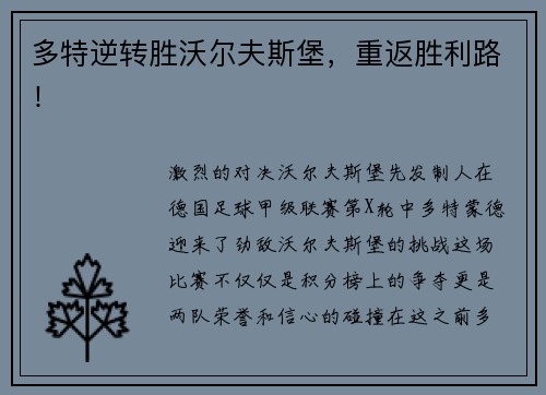 多特逆转胜沃尔夫斯堡，重返胜利路！