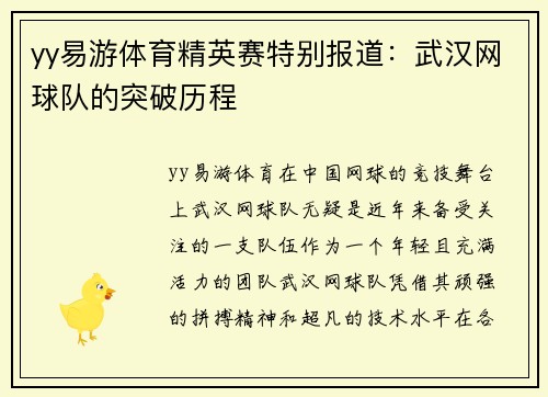 yy易游体育精英赛特别报道：武汉网球队的突破历程