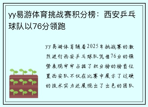 yy易游体育挑战赛积分榜：西安乒乓球队以76分领跑